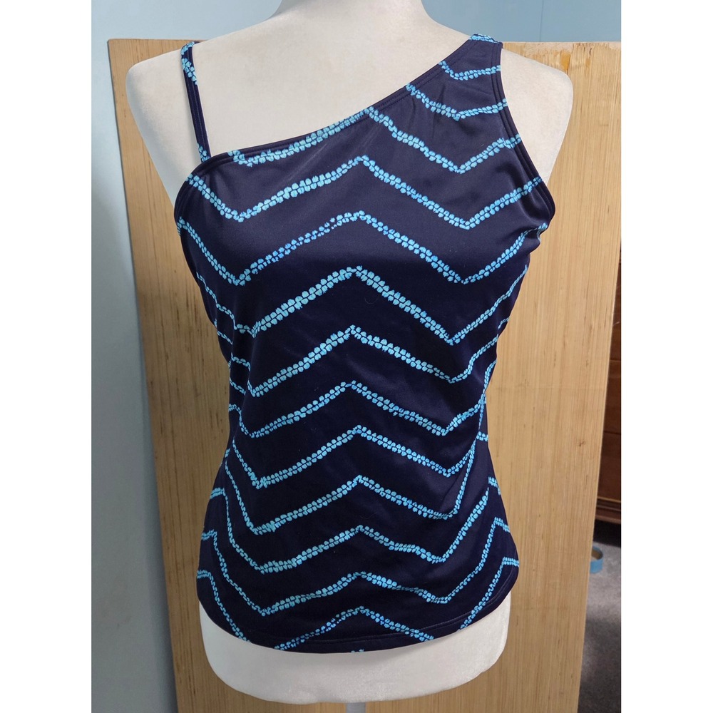 Lands End Size 16+ Womens Navy Blue Turquoise Chevron One Shoulder Tankini Swim